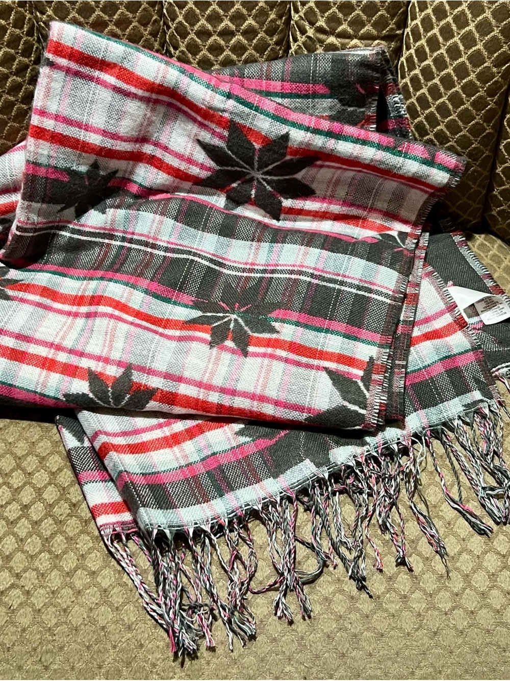 Maurices Gray Pink Star Plaid Fringe Scarf